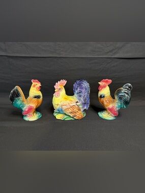 Vintage Hand-Painted Tureen With Rooster Lid & 2 Royal Copley Hen Figures 1950s